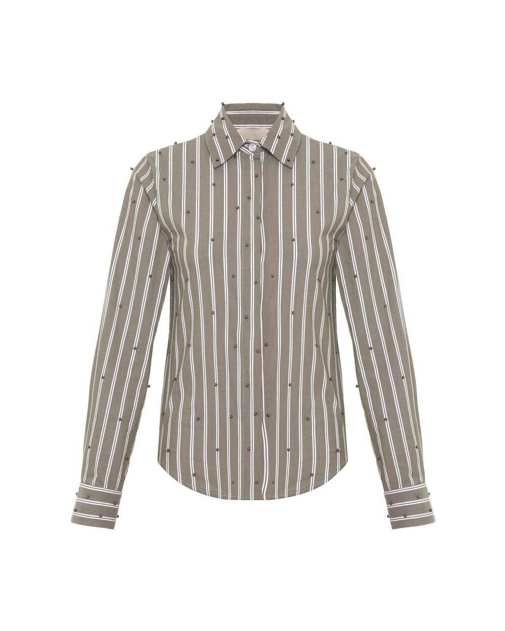 NEW THEO THE LABEL women's echo mix stripe pearly shirt in tapenade/gunmetal
